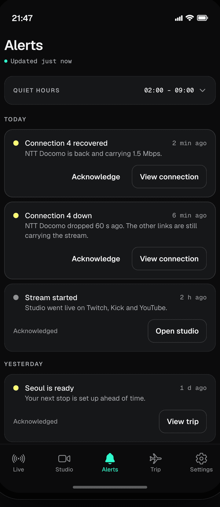 The Alerts tab of the Lumbus Live app: quiet hours 02:00 to 09:00, today’s alerts — a connection recovered, a connection down, a stream started — and yesterday’s notice that the next stop is ready