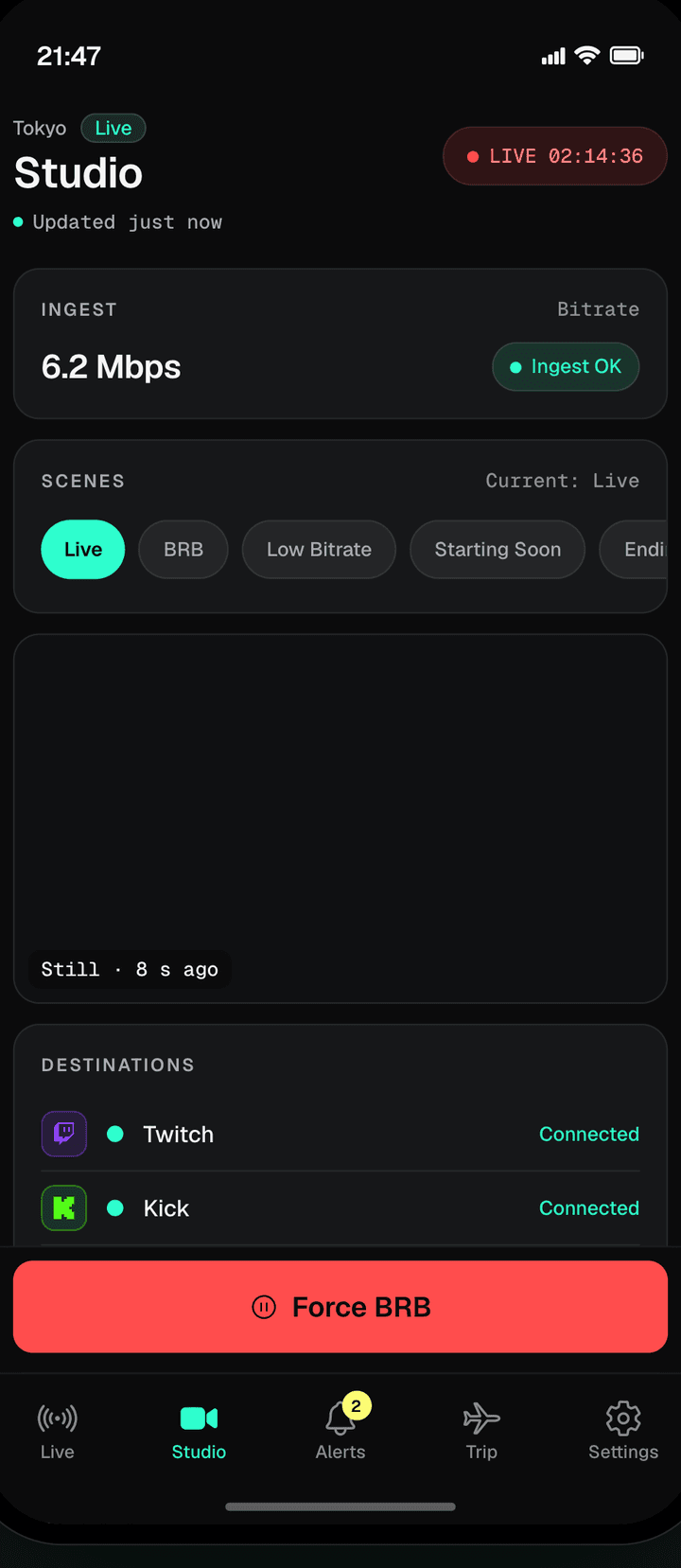 The Studio tab of the Lumbus Live app: ingest bitrate, the scene row with Live selected, the programme preview, two connected destinations and the Force BRB button