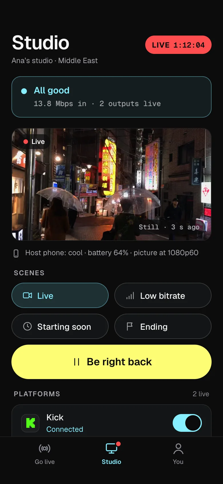 The Lumbus Live app’s Studio tab: All good, the programme, the scenes, Be right back and the platforms.