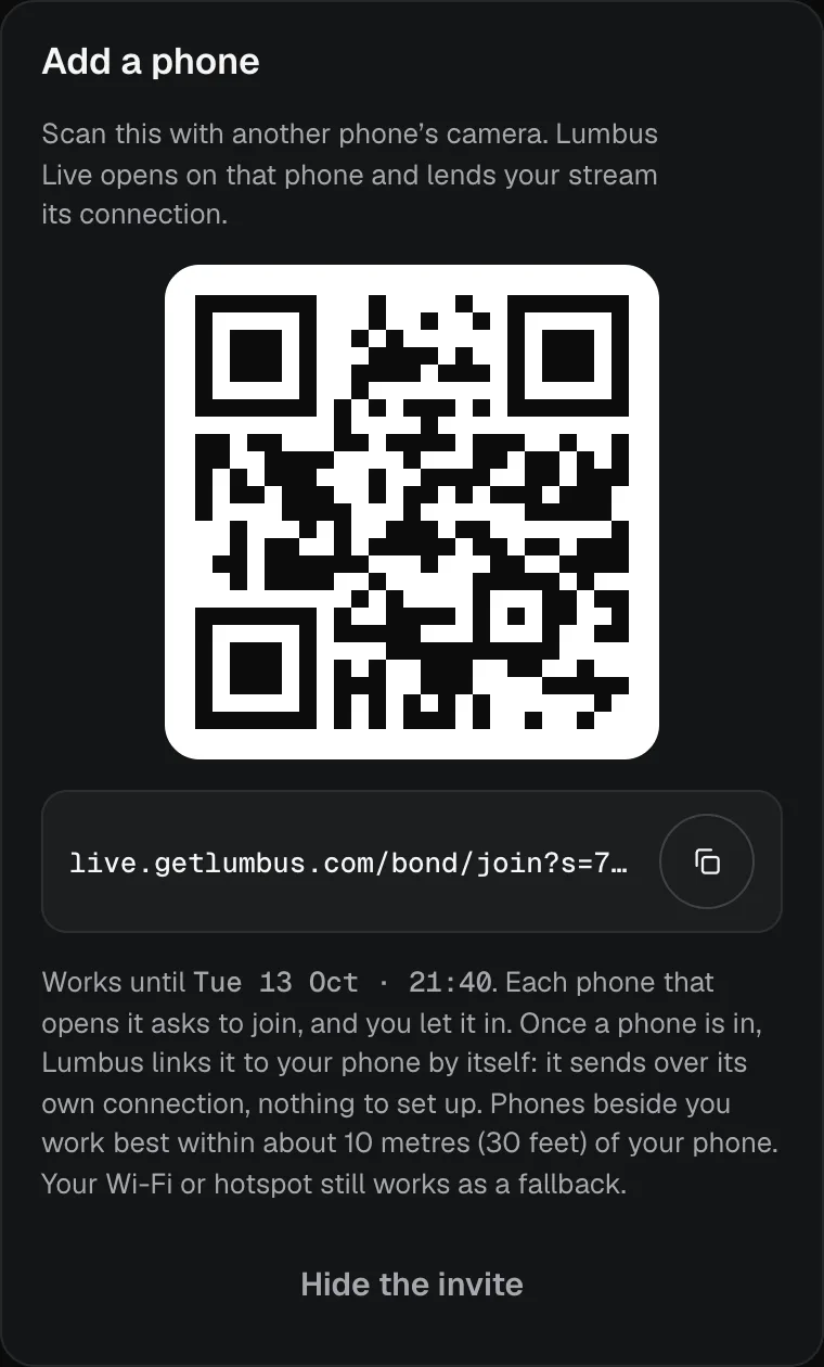 Add a phone: a code another phone scans to lend your stream its connection, and the invite link.