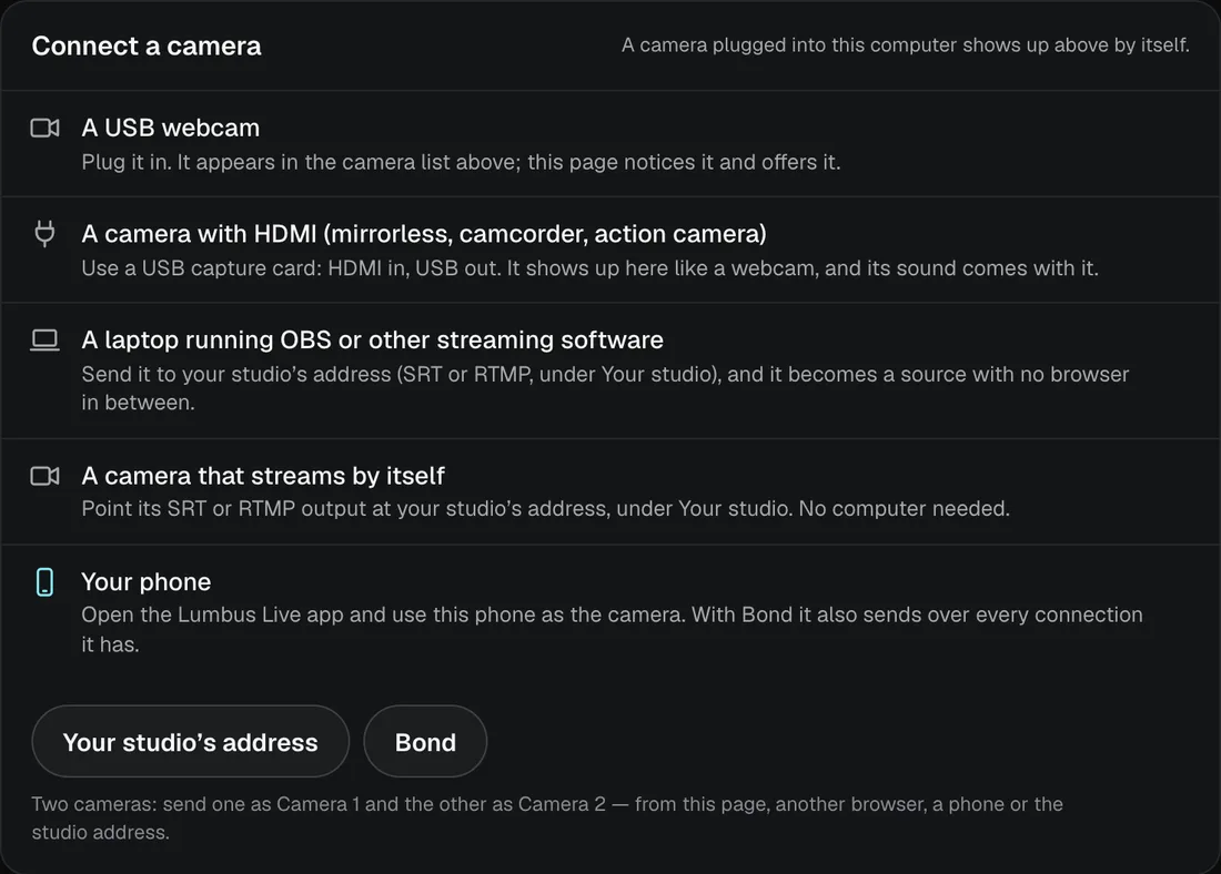 Connect a camera: a USB webcam, a camera with HDMI through a capture card, a laptop running OBS, a camera that streams by itself, or your phone.