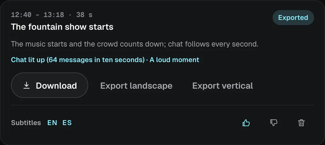 A moment the studio found: its time, what happens in it, and Download, Export landscape and Export vertical.