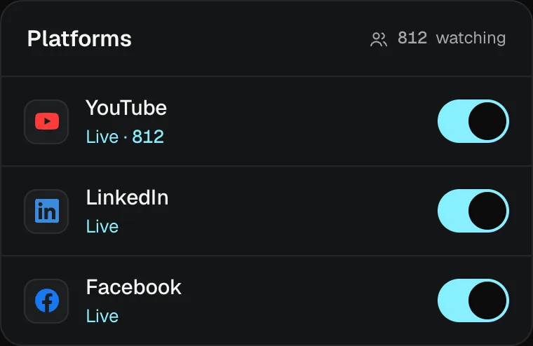 The Platforms card: YouTube, LinkedIn and Facebook live, each with its own switch.