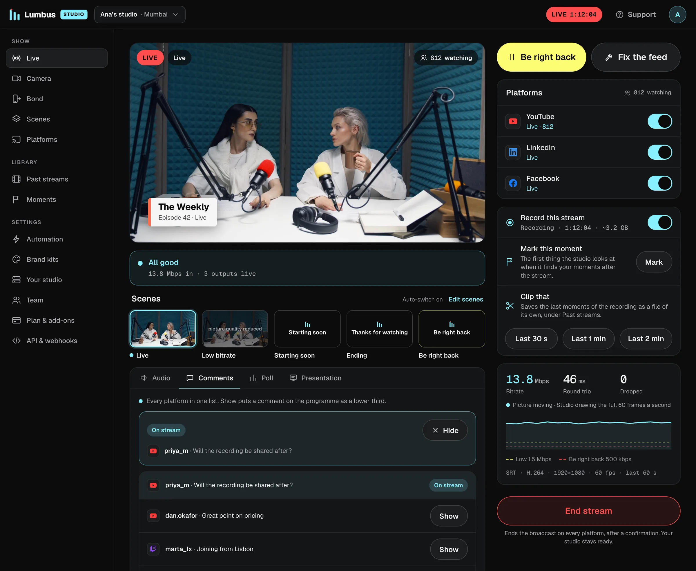 The Lumbus studio on air: a two-person podcast with its lower third going out live to YouTube, LinkedIn and Facebook, with the scenes, comments from viewers, the recording and the signal beside it.