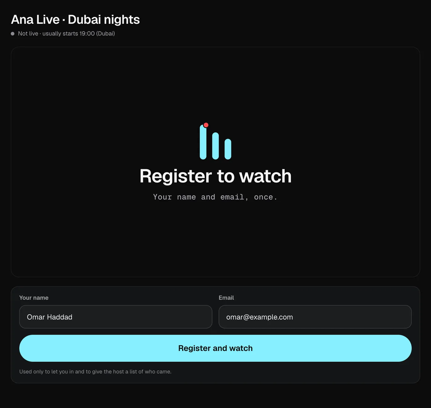 A watch page asking for a name and an email before it plays.